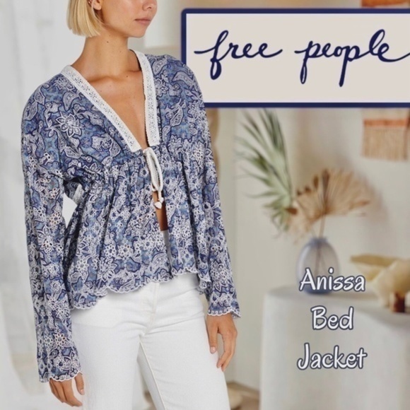 Free People Tops - FREE PEOPLE NWT Anissa Floral-Print Eyelet/Embroidered Tie-Front Bed Jacket/Lg